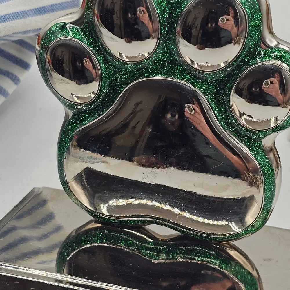 Set of 2 Silver Metal Paw Print Stocking Holder Sparkly Red and Green Christmas